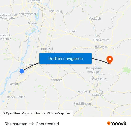 Rheinstetten to Oberstenfeld map
