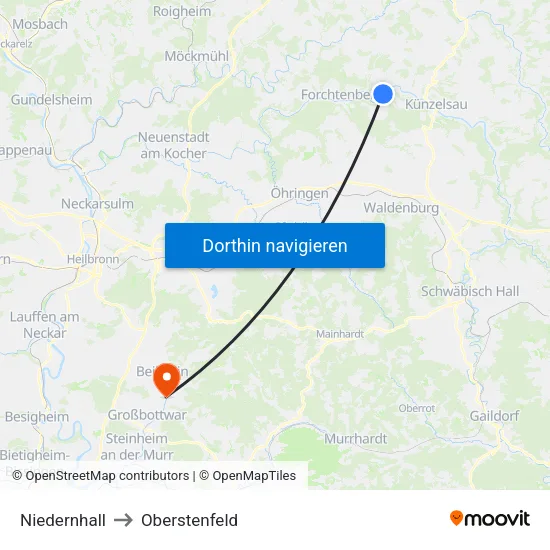 Niedernhall to Oberstenfeld map