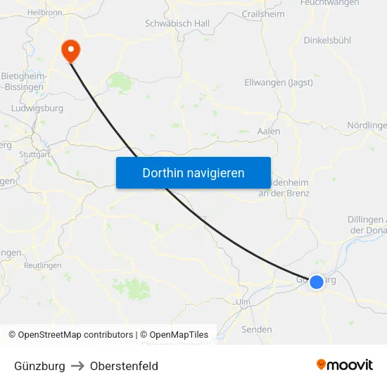Günzburg to Oberstenfeld map