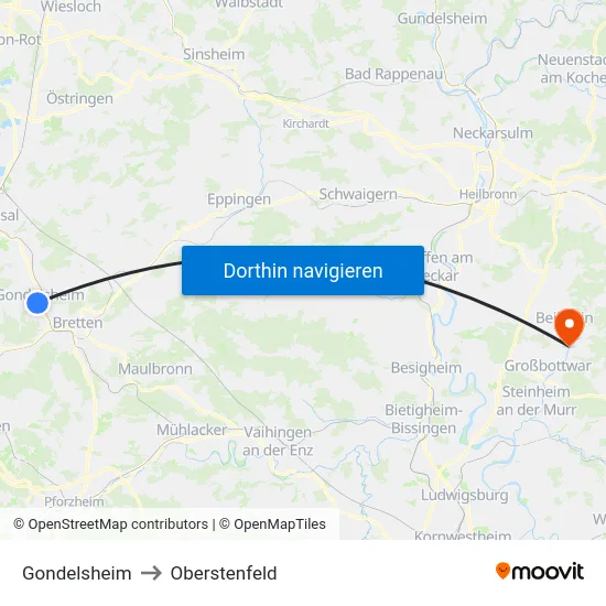 Gondelsheim to Oberstenfeld map