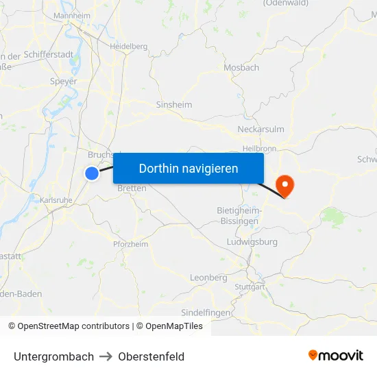 Untergrombach to Oberstenfeld map