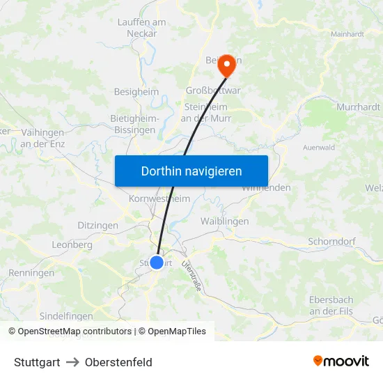 Stuttgart to Oberstenfeld map