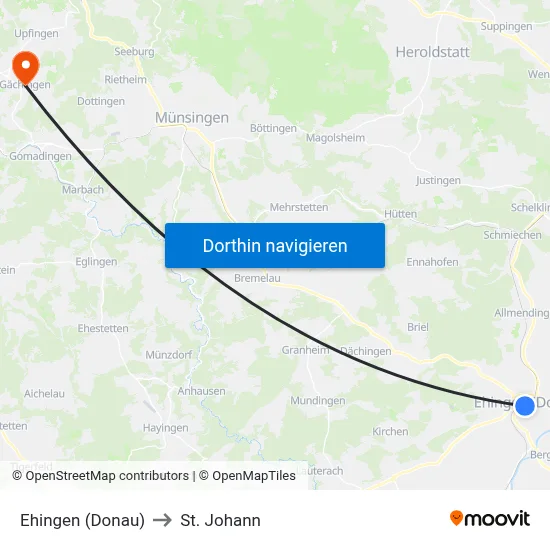 Ehingen (Donau) to St. Johann map