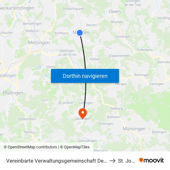 Vereinbarte Verwaltungsgemeinschaft Der Stadt Neuffen to St. Johann map