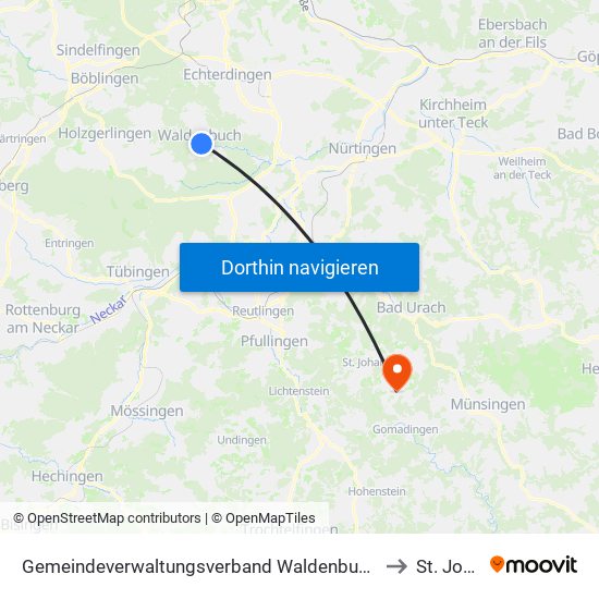 Gemeindeverwaltungsverband Waldenbuch/Steinenbronn to St. Johann map