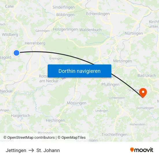 Jettingen to St. Johann map