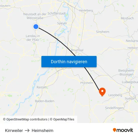 Kirrweiler to Heimsheim map