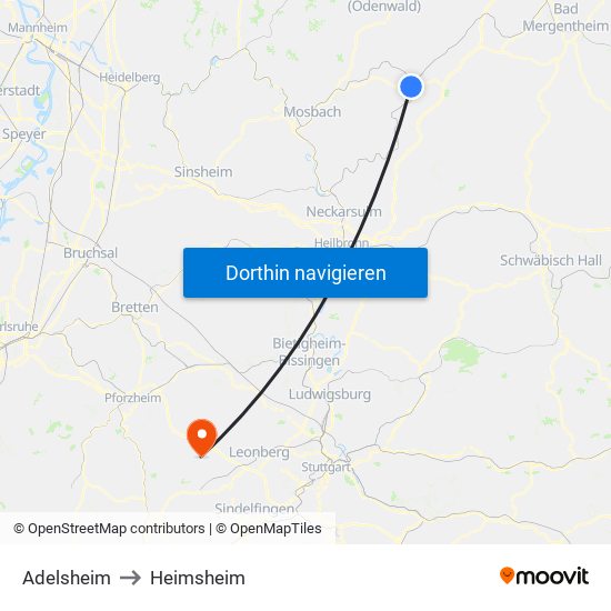 Adelsheim to Heimsheim map