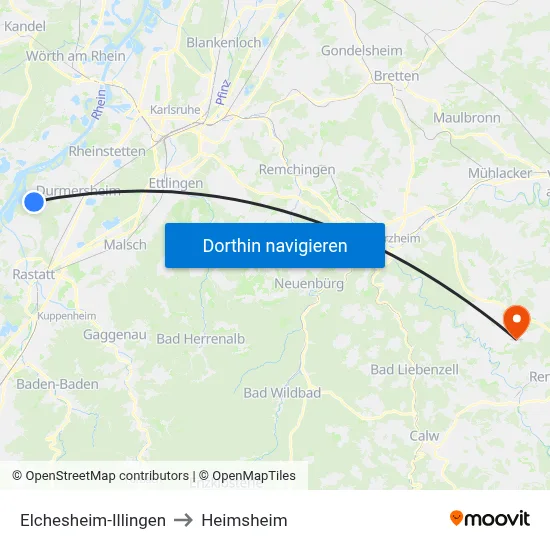 Elchesheim-Illingen to Heimsheim map
