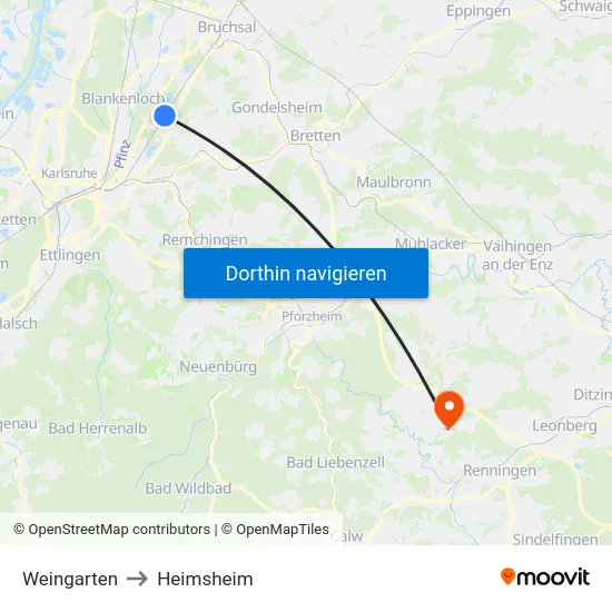 Weingarten to Heimsheim map