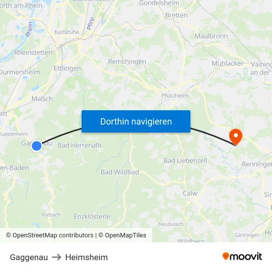 Gaggenau to Heimsheim map