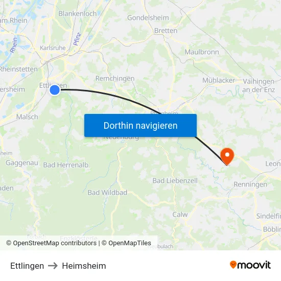 Ettlingen to Heimsheim map