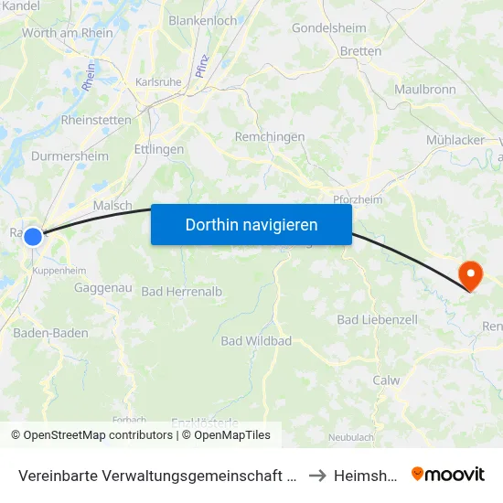 Vereinbarte Verwaltungsgemeinschaft Rastatt to Heimsheim map