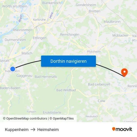 Kuppenheim to Heimsheim map