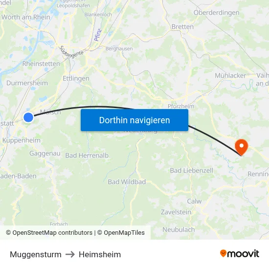 Muggensturm to Heimsheim map