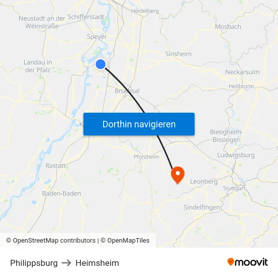 Philippsburg to Heimsheim map