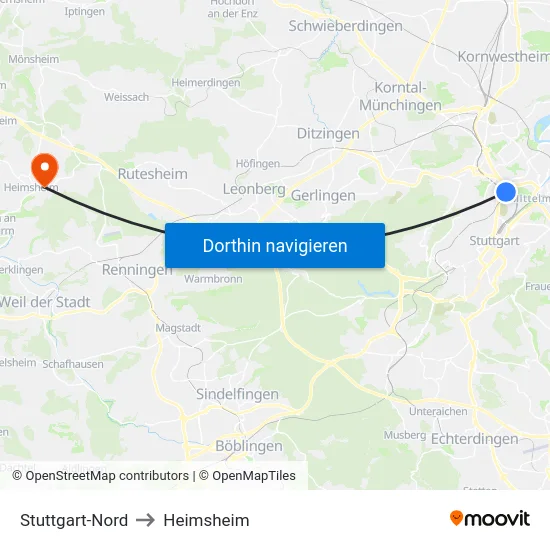Stuttgart-Nord to Heimsheim map