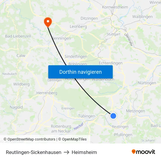 Reutlingen-Sickenhausen to Heimsheim map