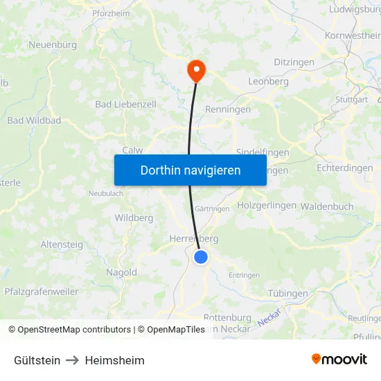 Gültstein to Heimsheim map