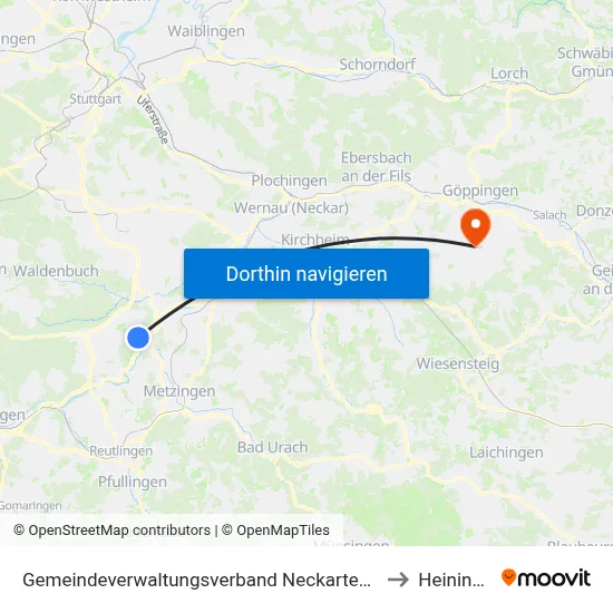 Gemeindeverwaltungsverband Neckartenzlingen to Heiningen map
