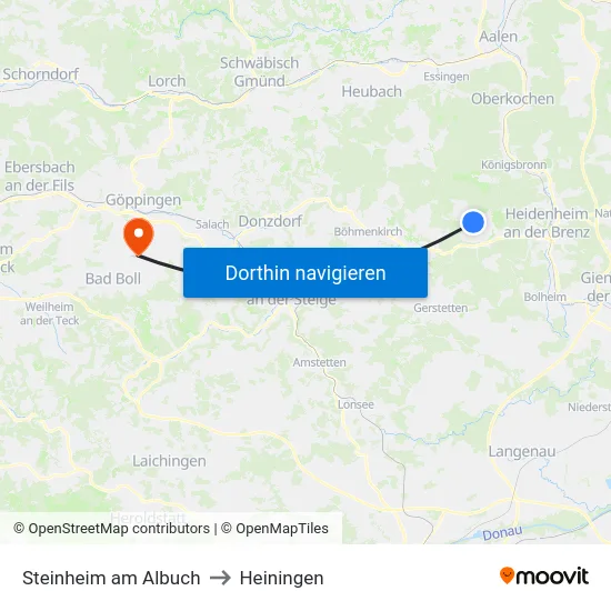Steinheim am Albuch to Heiningen map