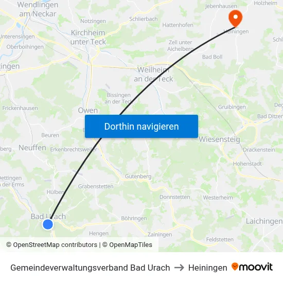 Gemeindeverwaltungsverband Bad Urach to Heiningen map
