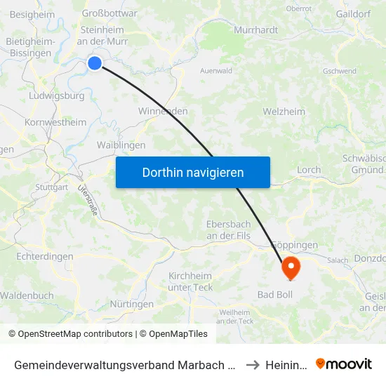 Gemeindeverwaltungsverband Marbach am Neckar to Heiningen map