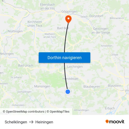 Schelklingen to Heiningen map