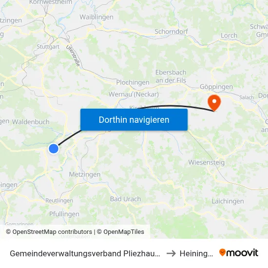 Gemeindeverwaltungsverband Pliezhausen to Heiningen map
