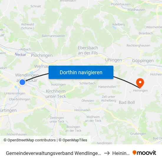 Gemeindeverwaltungsverband Wendlingen am Neckar to Heiningen map