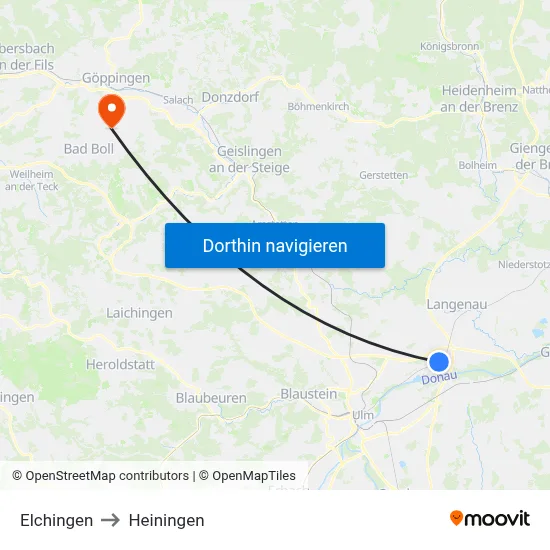 Elchingen to Heiningen map