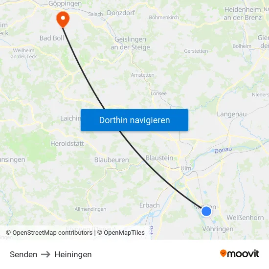 Senden to Heiningen map