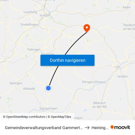 Gemeindeverwaltungsverband Gammertingen to Heiningen map