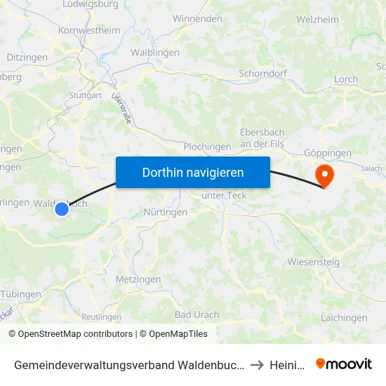 Gemeindeverwaltungsverband Waldenbuch/Steinenbronn to Heiningen map