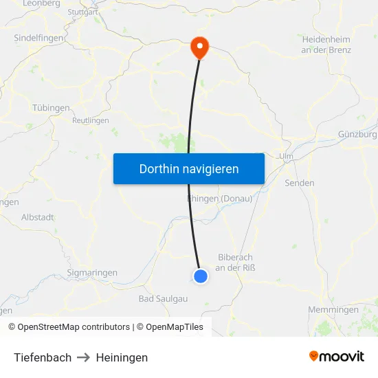 Tiefenbach to Heiningen map