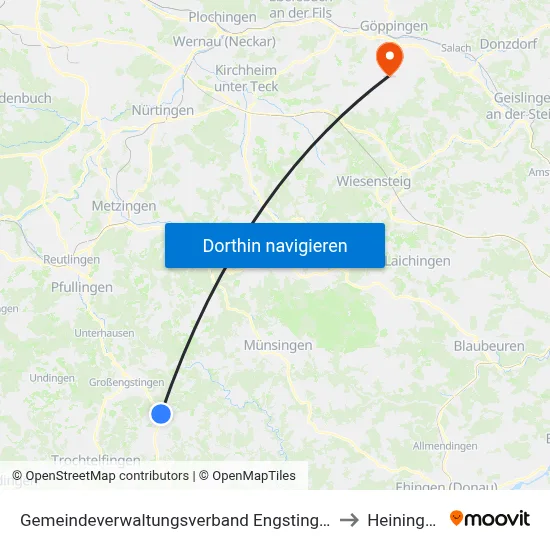 Gemeindeverwaltungsverband Engstingen to Heiningen map