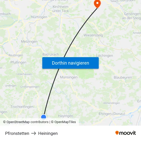 Pfronstetten to Heiningen map