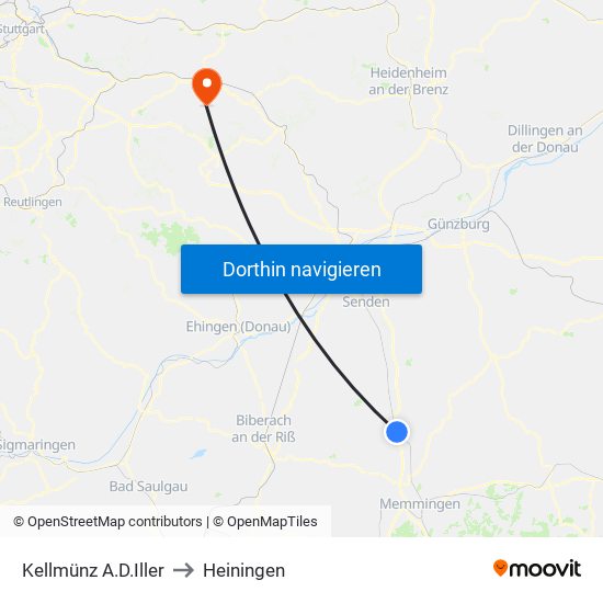 Kellmünz A.D.Iller to Heiningen map