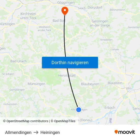 Allmendingen to Heiningen map