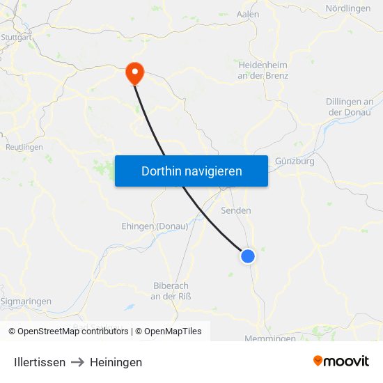 Illertissen to Heiningen map