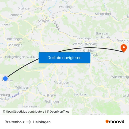 Breitenholz to Heiningen map