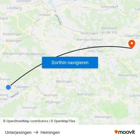 Unterjesingen to Heiningen map
