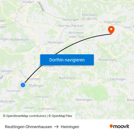 Reutlingen-Ohmenhausen to Heiningen map