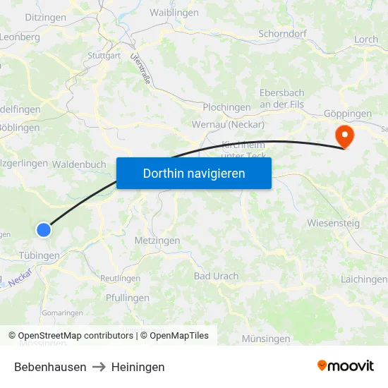Bebenhausen to Heiningen map