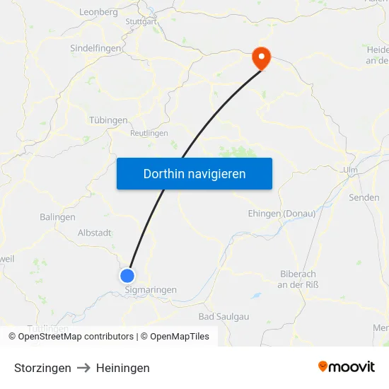 Storzingen to Heiningen map