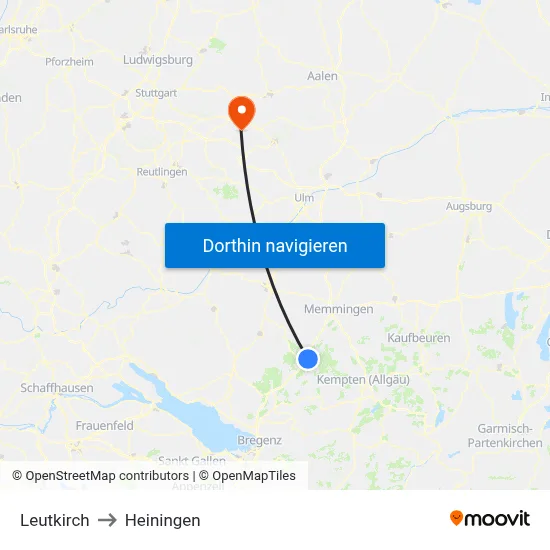 Leutkirch to Heiningen map