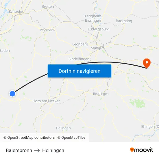 Baiersbronn to Heiningen map