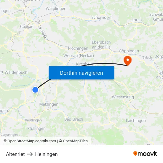 Altenriet to Heiningen map
