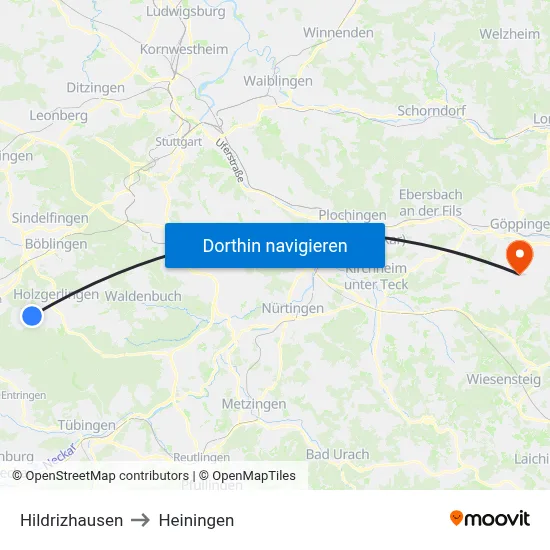 Hildrizhausen to Heiningen map