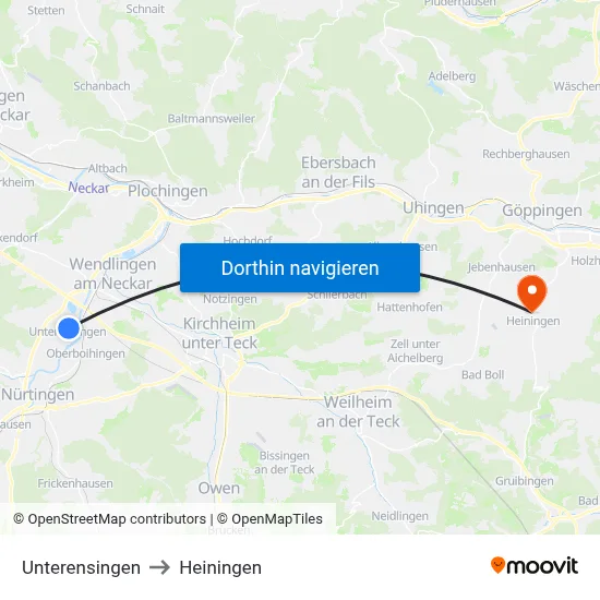 Unterensingen to Heiningen map